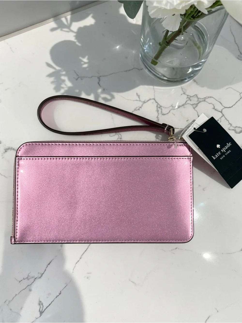 kate spade metallic pink zip-around wristlet wallet with gold logo& gift box NWT